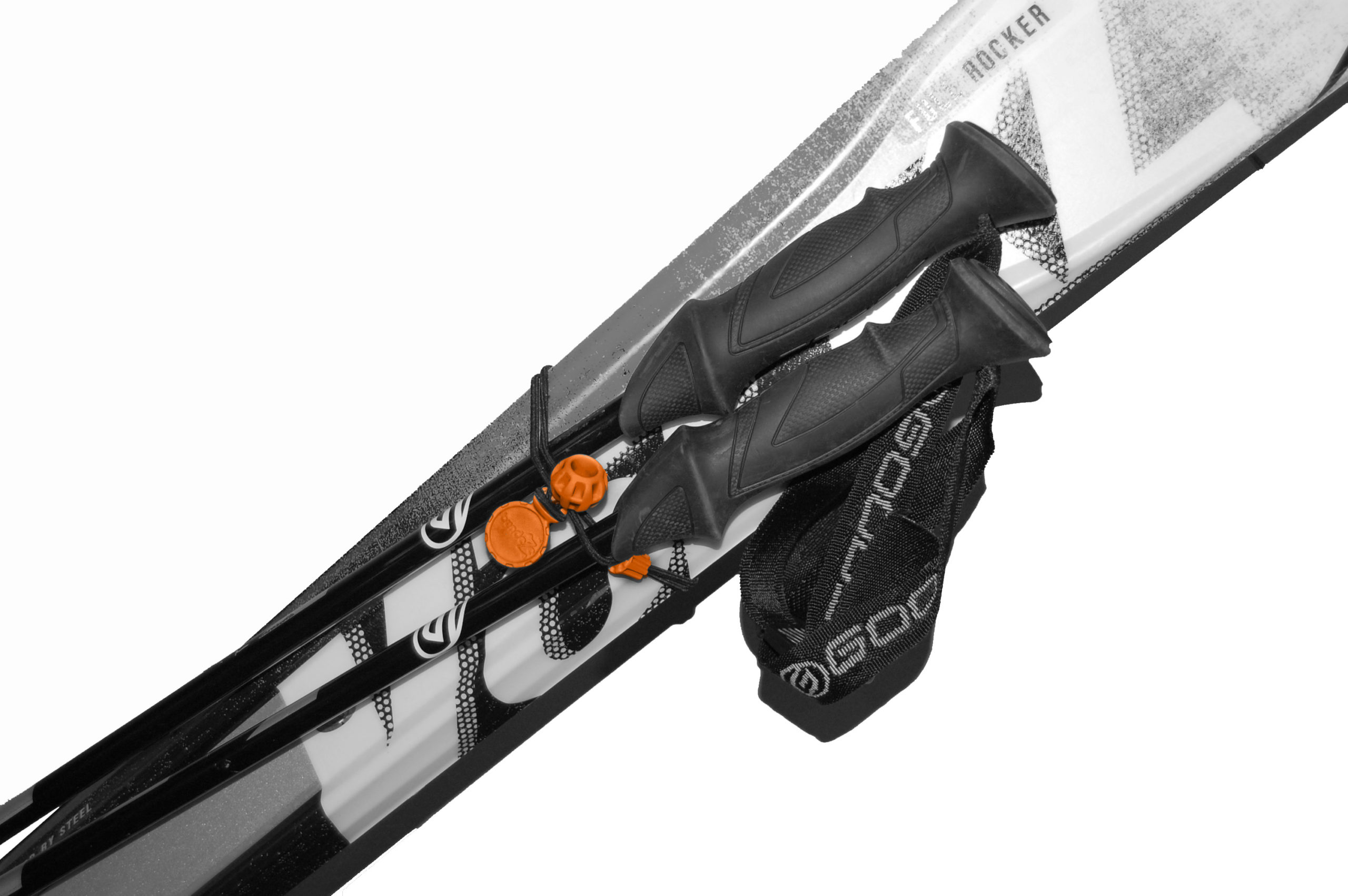 Ski poles lashed to backpack